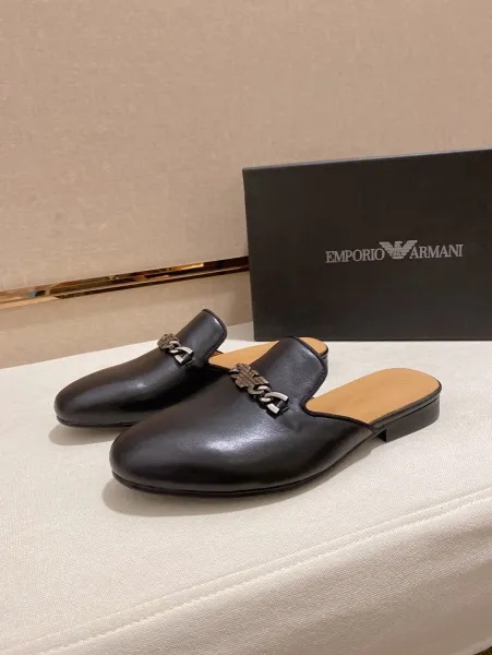 Giorgio Armani Eagle Logo Black Leather Mule Slippers - 4