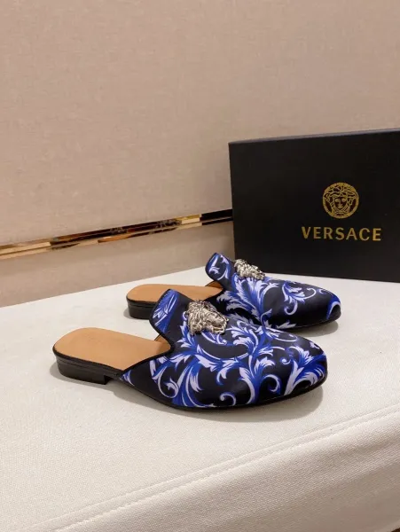 Versace Barocco Print Medusa Loafer Mule Navy Gold Shoes - 2