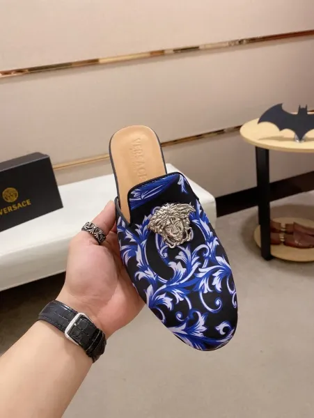 Versace Barocco Print Medusa Loafer Mule Navy Gold Shoes - 9
