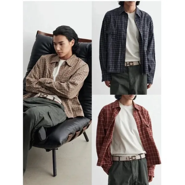 Design Oversized Plaid Shirt in Brown, Navy, and Red with White T-Shirt Layering Tops.shirt - 4