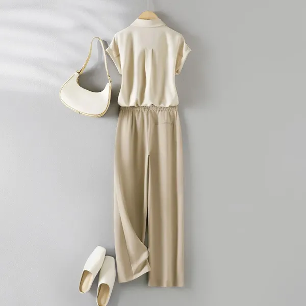 Design Silk-Like Shirt and Wide-Leg Pants Set Beige - 6