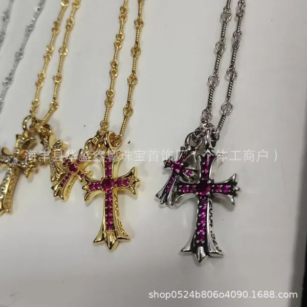 Design Cross Pendant Necklace with Pink Cubic Zirconia Silver Chain Jewelry - 5