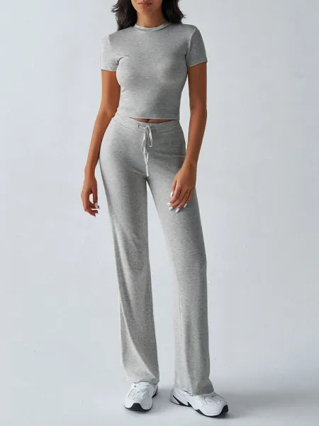 Design Cropped Tee and Wide-Leg Joggers Set Navy Blue - 8