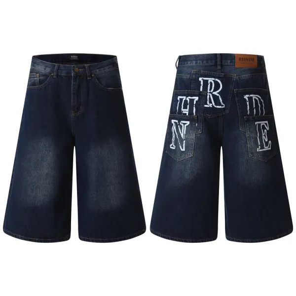 Rhude Denim Shorts Navy with Embroidered Logo - 2