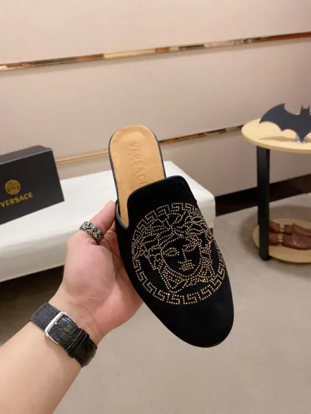 Versace Medusa Crystal-Embellished Black Suede Mule Loafers - 9