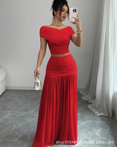 Design Off-Shoulder Draped Crop Top and Pleated Maxi Skirt Set Beige - 6