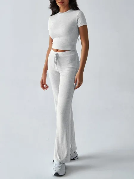 Design Cropped Tee and Wide-Leg Joggers Set Navy Blue - 16