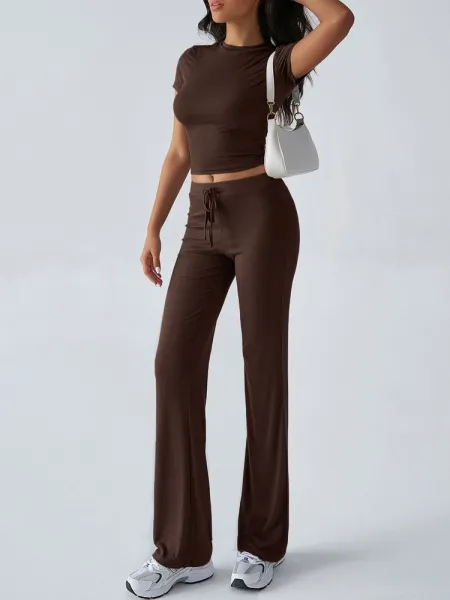 Design Cropped Tee and Wide-Leg Joggers Set Navy Blue - 30