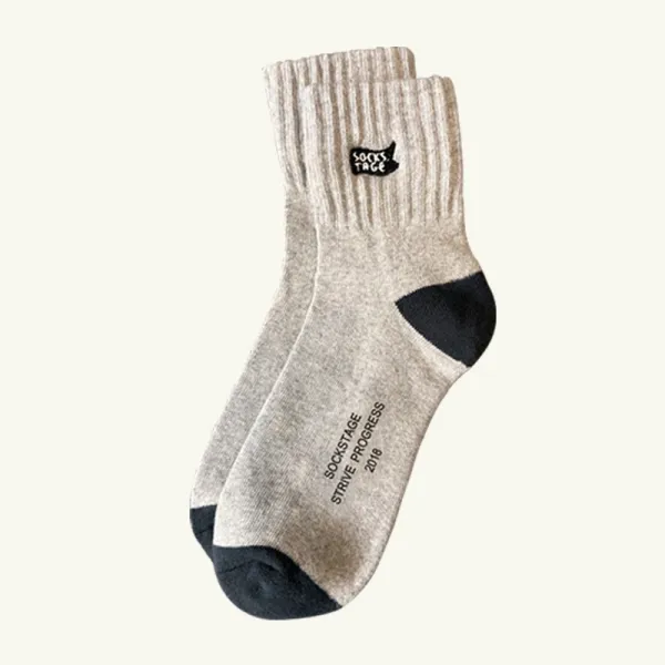 Design Ribbed Cuff Crew Socks Beige with Black Toe and Heel - 7
