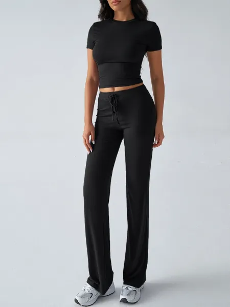Design Cropped Tee and Wide-Leg Joggers Set Navy Blue - 43