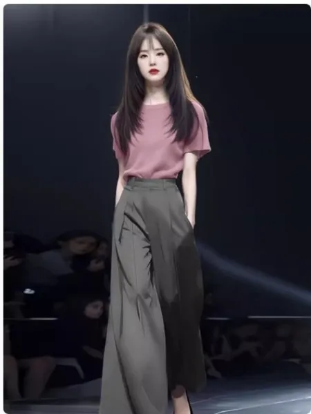 Design Knit Short-Sleeve Top in Lime Yellow and High-Waisted Wide-Leg Pants in Black Clothing - 17