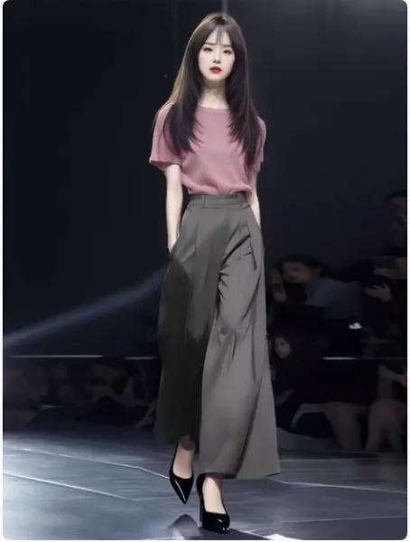 Design Knit Short-Sleeve Top in Lime Yellow and High-Waisted Wide-Leg Pants in Black Clothing - 18