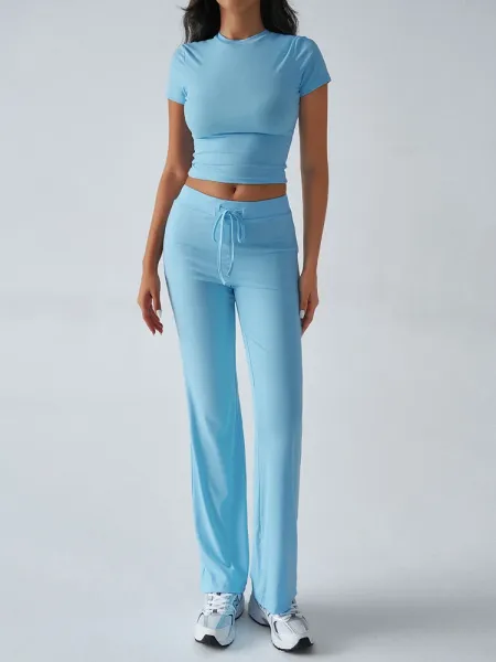 Design Cropped Tee and Wide-Leg Joggers Set Navy Blue - 57