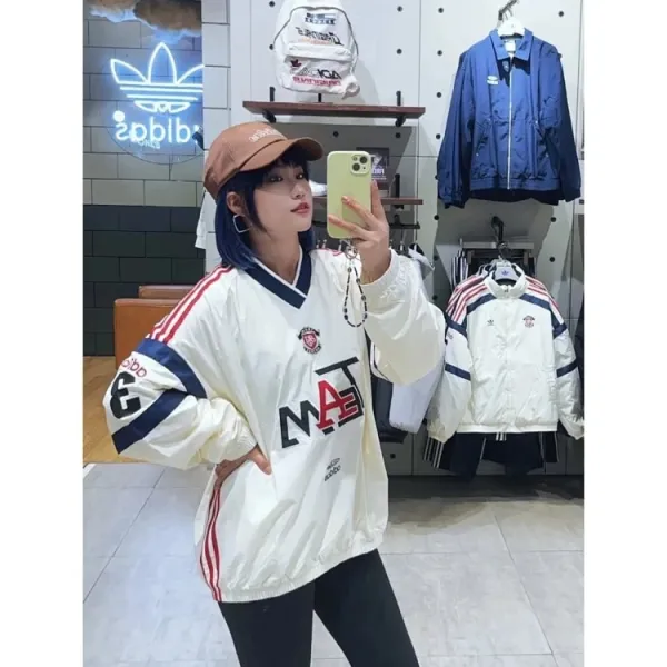Adidas Originals TEA Windbreaker Cream with Navy and Red Stripes - 10