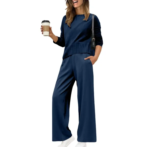Design Black Knit Top and Wide-Leg Pants Set - 14