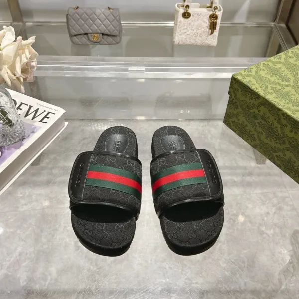 Gucci GG Marmont Slide Sandals Beige Canvas with Web Stripe Slippers - 6