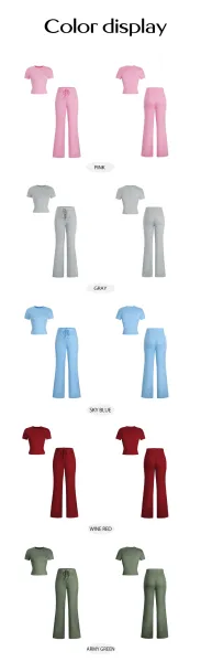 Design Cropped Tee and Wide-Leg Joggers Set Navy Blue - 67