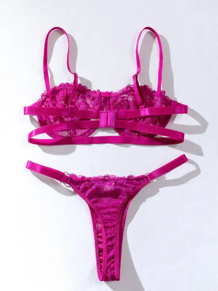 Design Red Lace Strappy Bra and Thong Set Underwear - 21