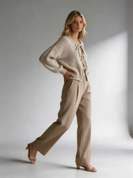 Design Lace-Up Knit Cardigan White + Beige Wide-Leg Pants Set - 9