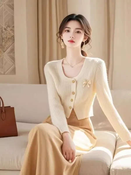 Design Ribbed Knit Cardigan with Bow Detail Beige Cardigan - 4