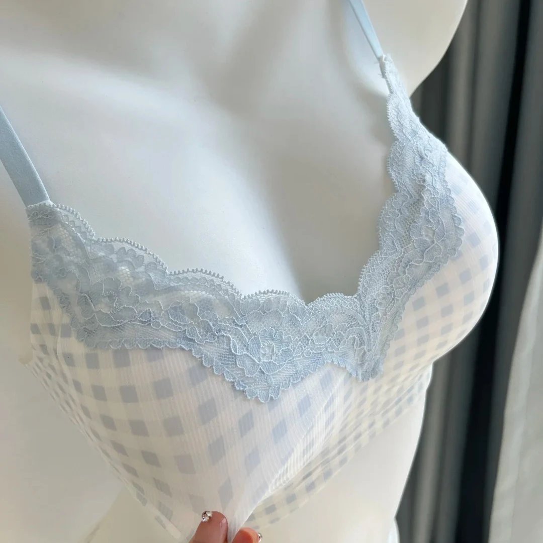 Lace Trim Gingham Bralette Light Blue Feminine