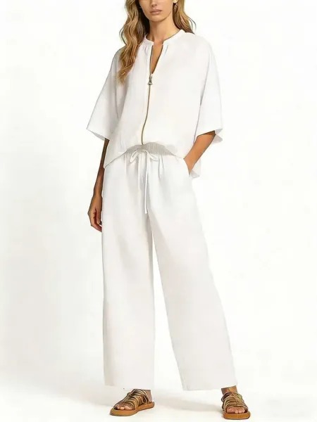 Design Denim Zip-Front Blouse and Wide-Leg Drawstring Pants Set Navy - 16