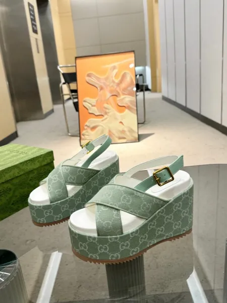 Gucci GG Marmont Platform Sandals Mint Green Wedges - 2