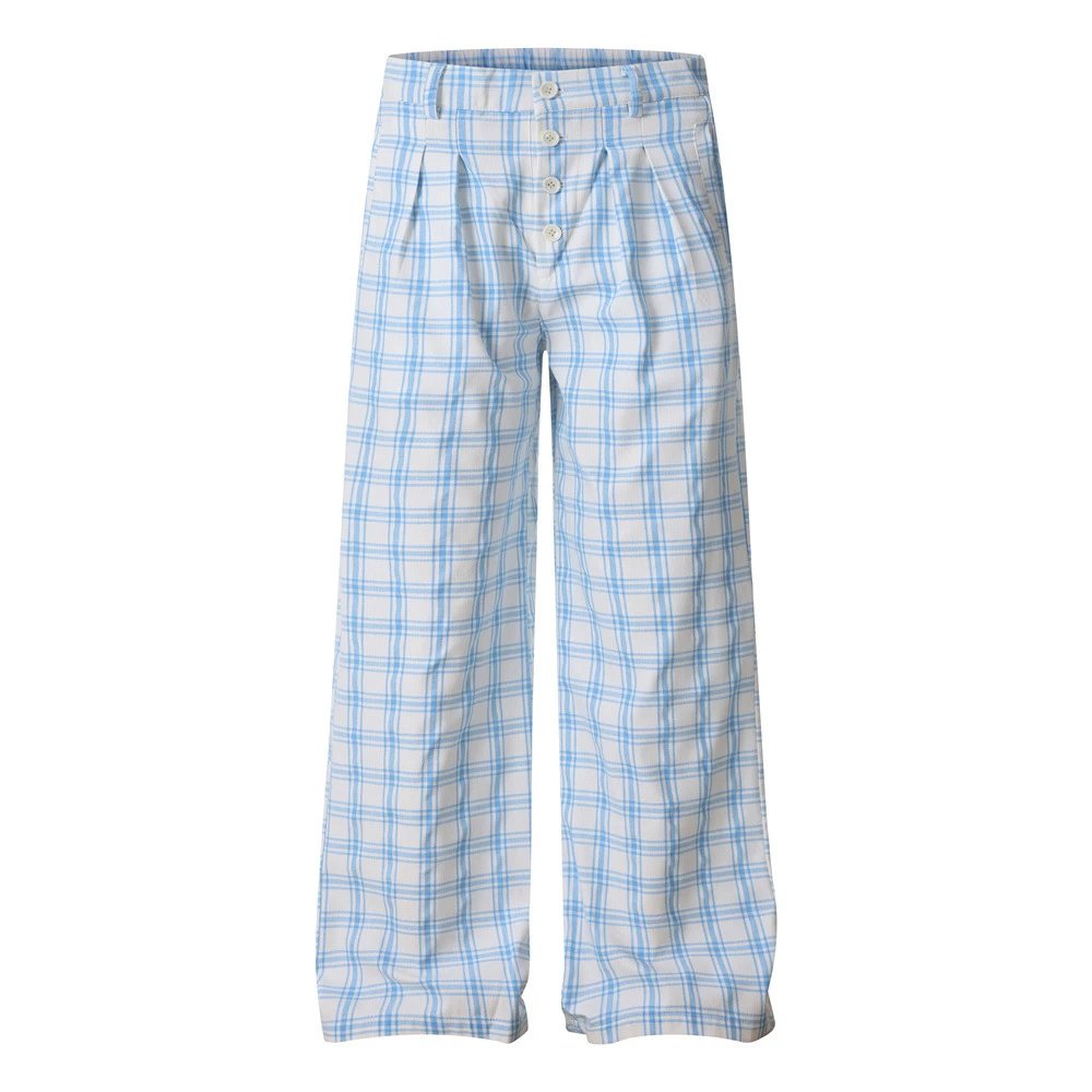 Design Wide-Leg Pleated Plaid Pants Blue and White