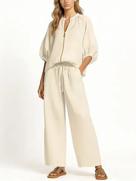 Design Denim Zip-Front Blouse and Wide-Leg Drawstring Pants Set Navy - 19