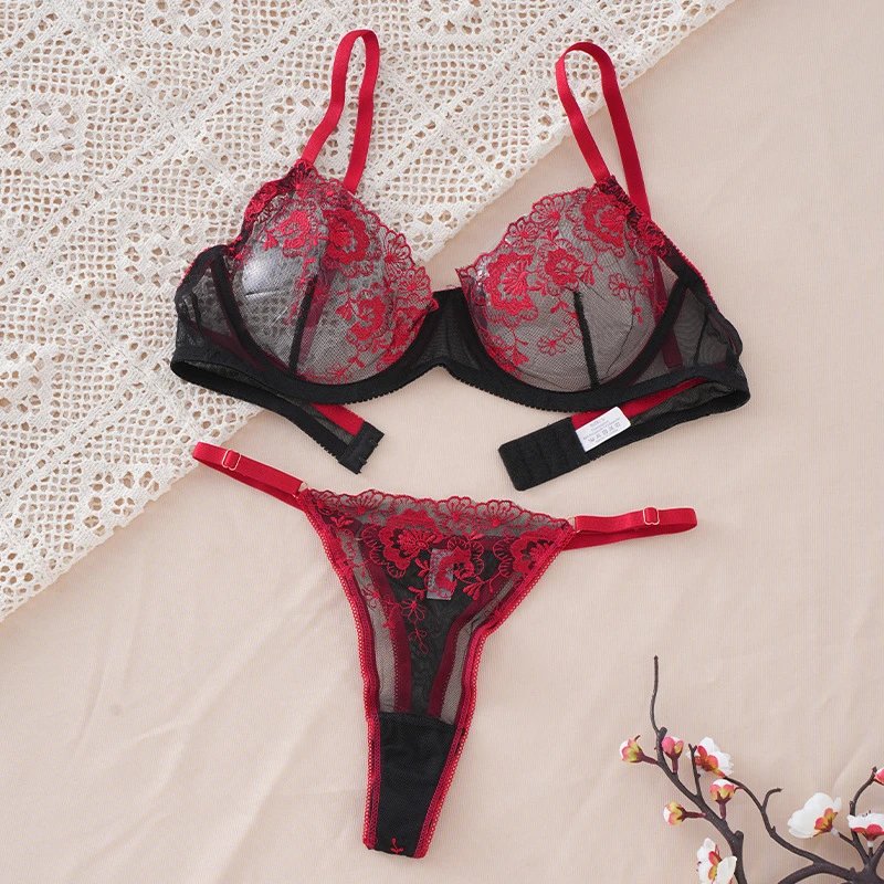Red and Black Lace Floral Embroidery Push-Up Bra and Thong Set