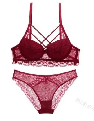 Design Black Lace Strappy Bra and Thong Set Underwear - 4