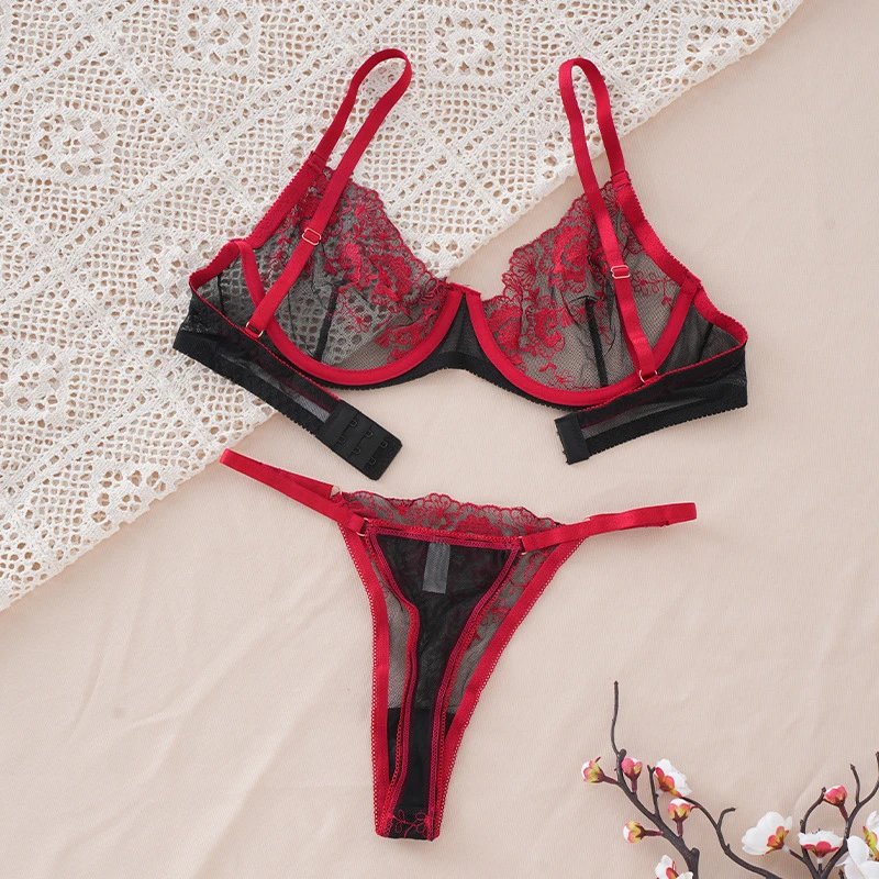 Red and Black Lace Floral Embroidery Push-Up Bra and Thong Set