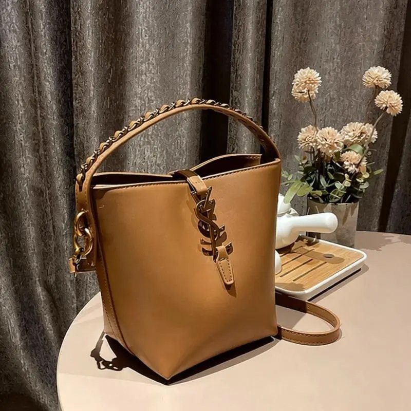 Saint Laurent Medium Black Leather Chain Handle Bucket Bag