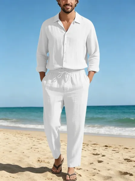 Design Linen Shirt and Drawstring Pants Set White Casual Set - 45