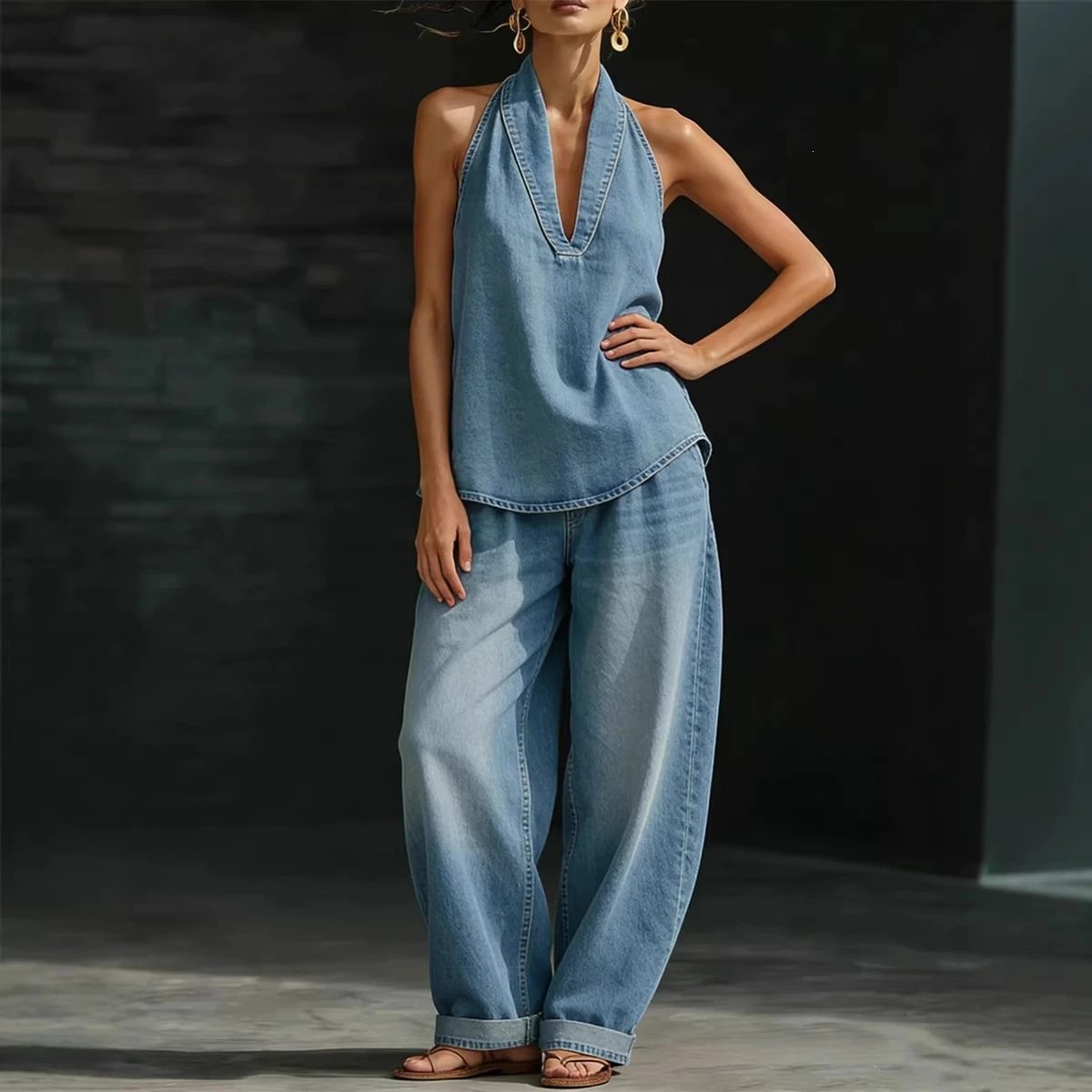 Denim Halter Top And Wide Leg Pants Set Blue Casual
