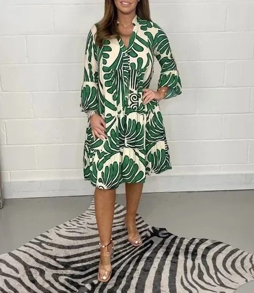 Design Leaf Print Shirt Dress in Green and Cream - 1