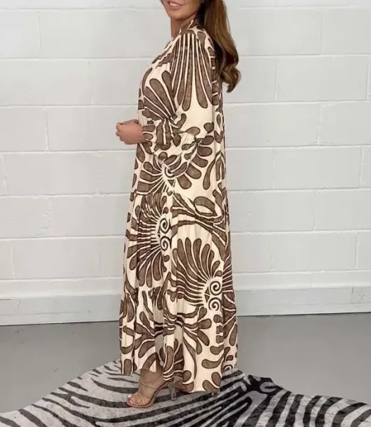 Design Tropical Leaf Print Shirt Dress in Cream and Green - 14