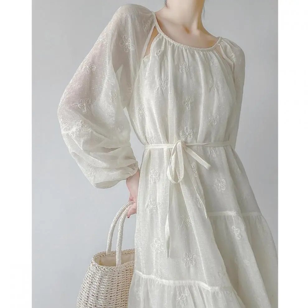Design Embroidered Sheer Puff-Sleeve Tiered Dress in Ivory - 3