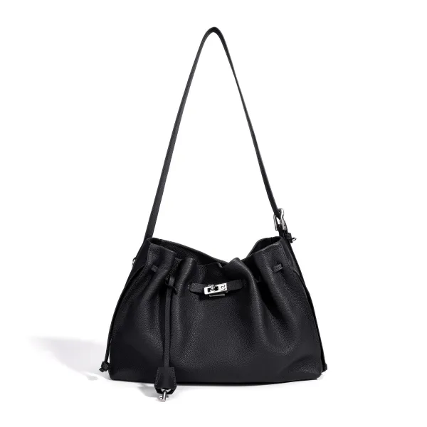 Design Drawstring Hobo Bag Black Leather Shoulder Bag - 1