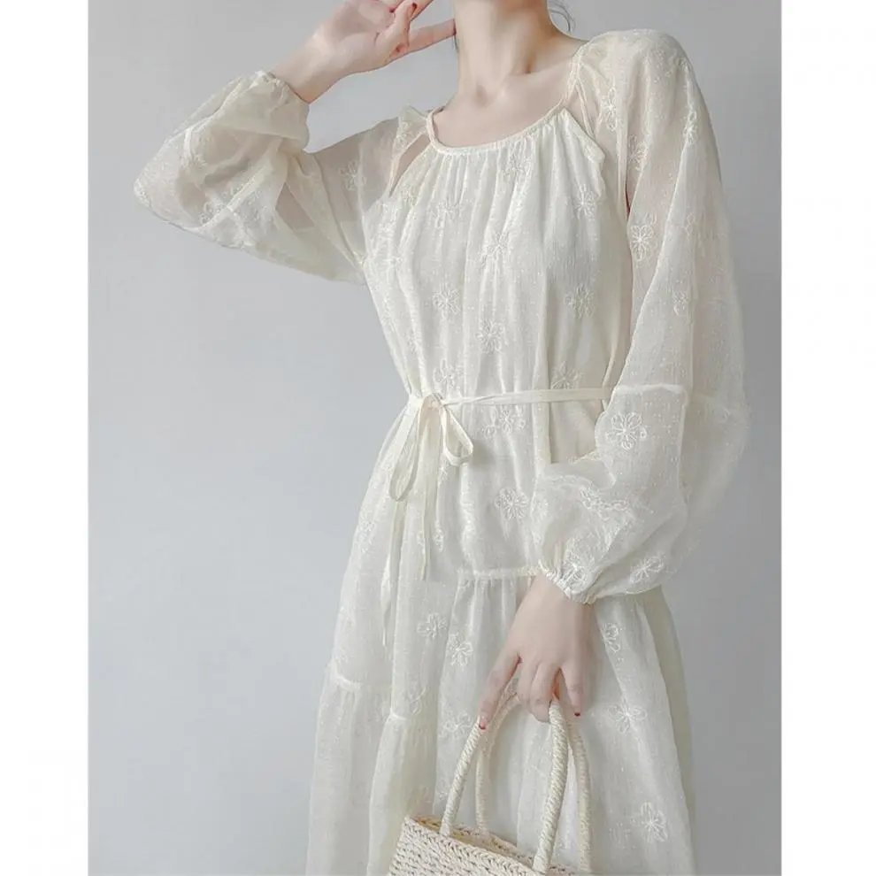 Design Embroidered Sheer Puff-Sleeve Tiered Dress in Ivory - 6