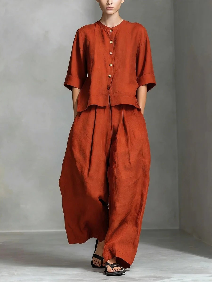 Design Linen Button-Front Top and Wide-Leg Pants Set Pink - 4