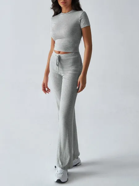 Design Cropped Tee and Wide-Leg Joggers Set Navy Blue - 9