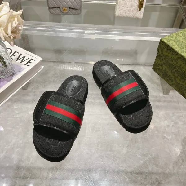 Gucci GG Marmont Slide Sandals Beige Canvas with Web Stripe Slippers - 5