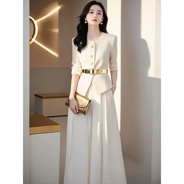 Design Cream Off-White Tailored Set with Gold Belt Clutch - 11