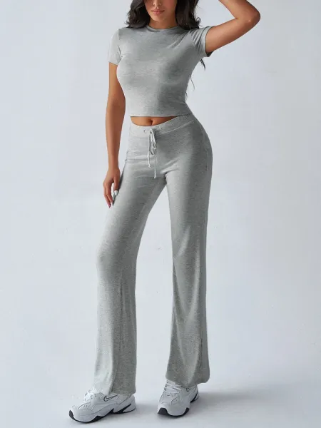 Design Cropped Tee and Wide-Leg Joggers Set Navy Blue - 10