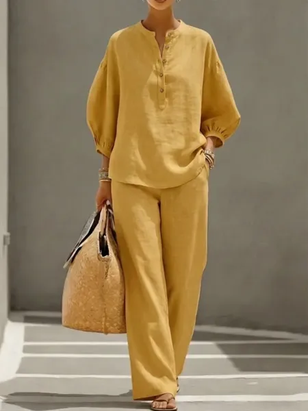 Design Linen Blend Henley Top and Wide-Leg Pants Set Brown - 5