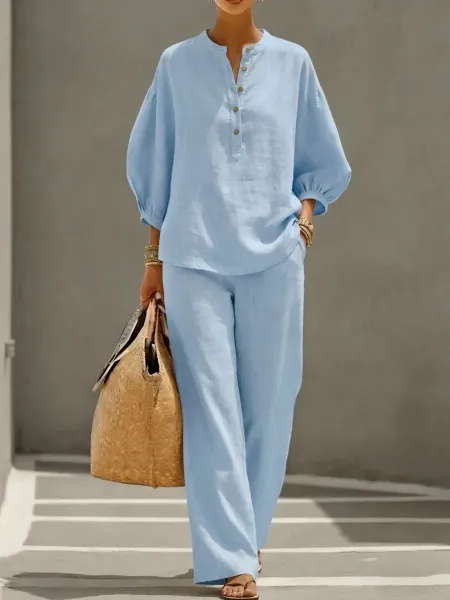 Design Linen Blend Henley Top and Wide-Leg Pants Set Brown - 6