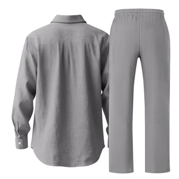 Design Linen Shirt and Drawstring Pants Set White Casual Set - 30
