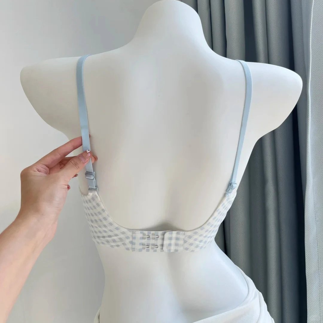 Lace Trim Gingham Bralette Light Blue Feminine