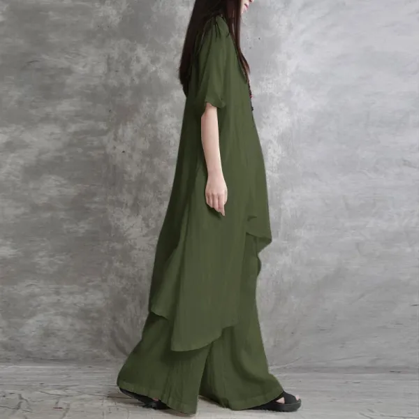 Design Loose Linen Tunic and Wide-Leg Pants Set White - 11